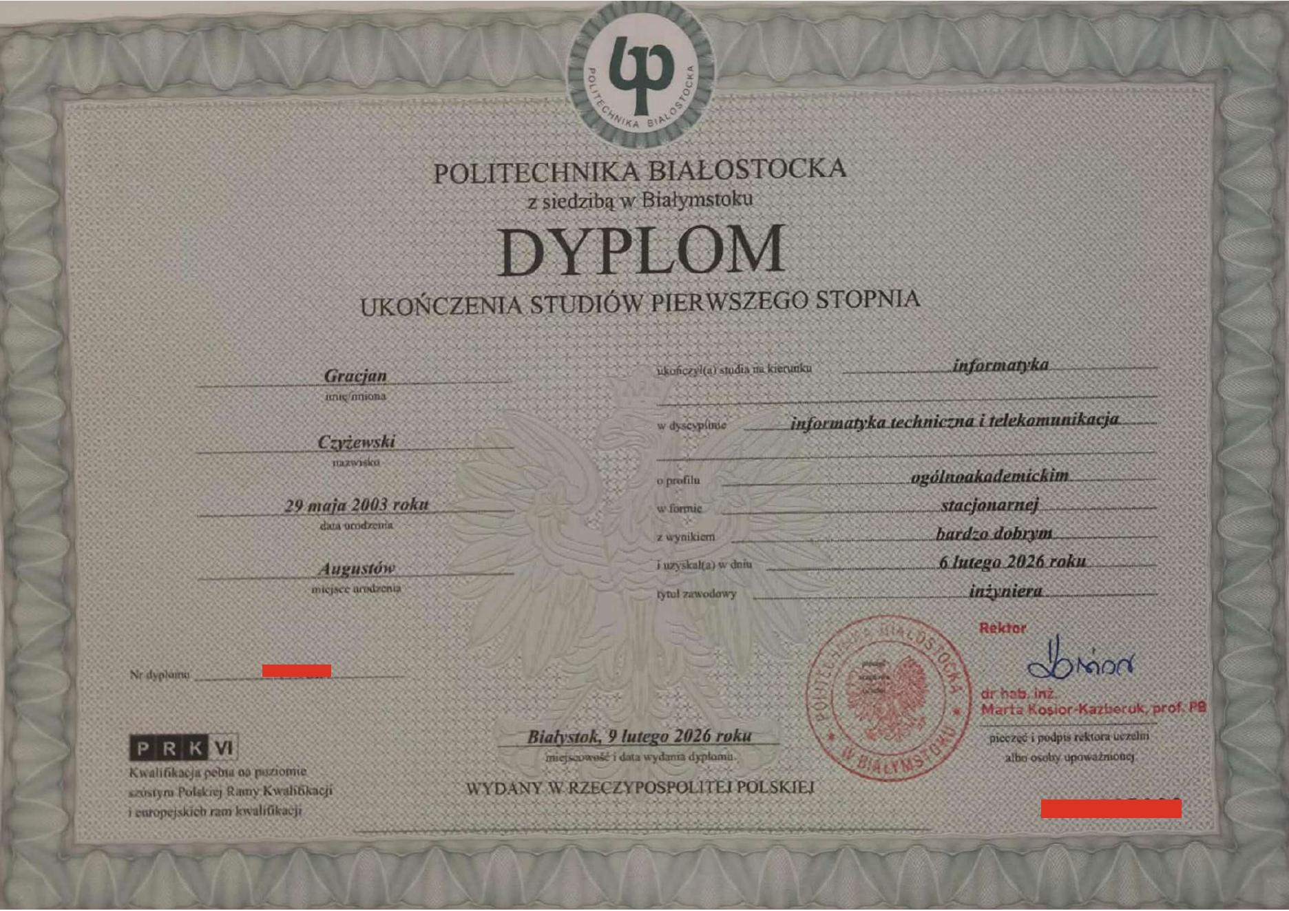 Certyfikat Dyplom ukończenia studiów pierwszego stopnia